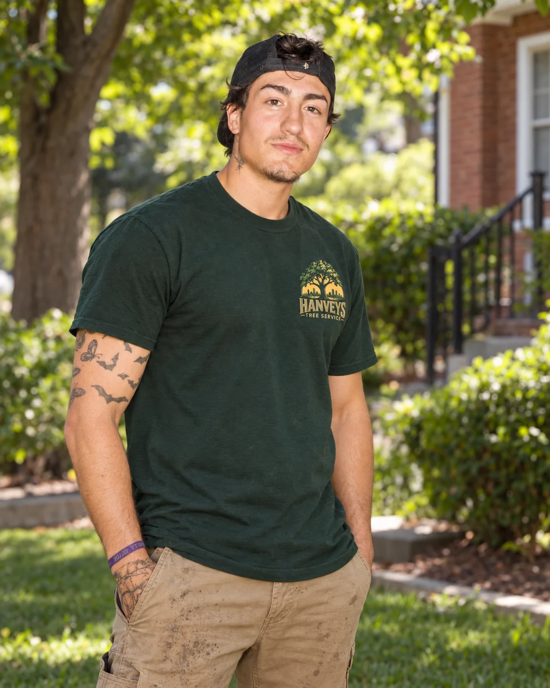Tyson wearing a forest-green Hanvey’s Tree Service shirt outdoors